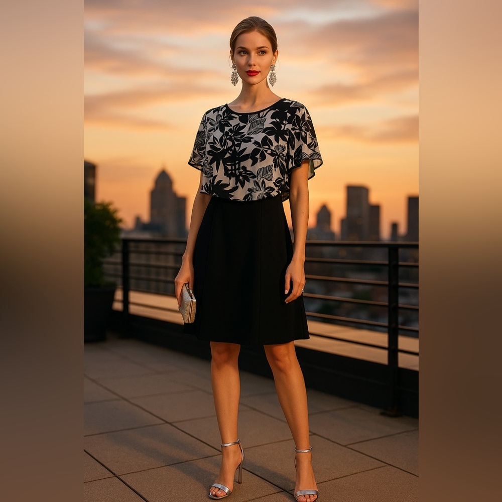 NY Collection Black and White Leaf Print A-Line Dress